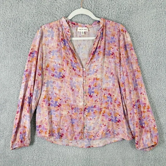 Anthro Cloth & Stone Ruffle Neck Button Down Blouse Size M Pink Abstract Floral - Picture 2 of 8